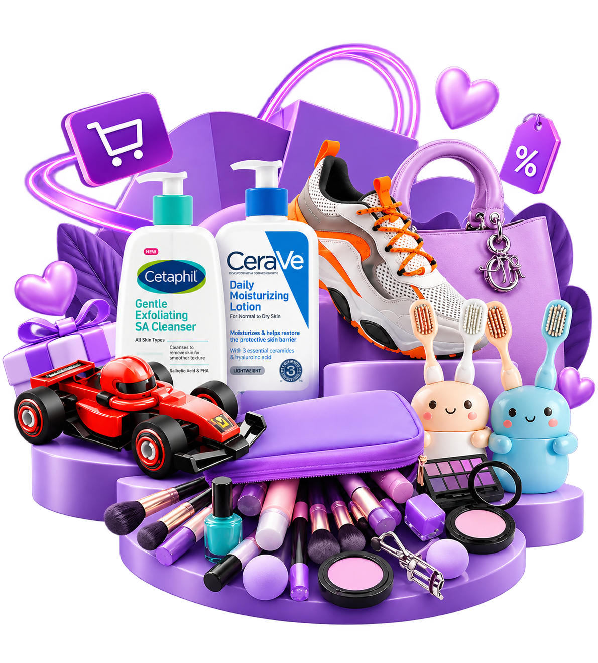 Skincare, sneakers, toys, bags and makeup on a glossy purple showcase